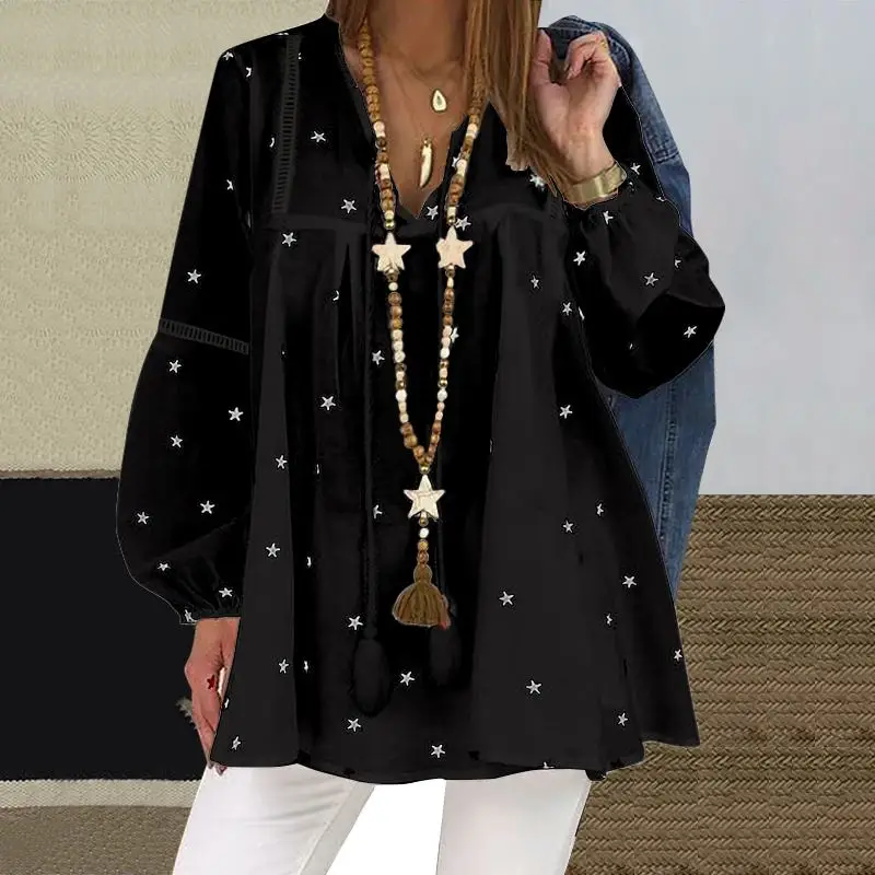 Женская блузка большого размера VONDA осенние винтажные длинные рубашки с рукавами-фонариками с v-образным вырезом и принтом звезды Топы пляжные Повседневные Вечерние Блузы