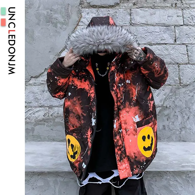 

UNCLEDONJM Smiling Face Tie Dyed Padded Removable Fur Hooded Parkas Coats Winter Fashion Thick Warm Parka Jackets RF-0910