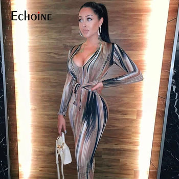

Echoine Spring/Autumn Tie Dye Print V-Neck 2020 new Sexy Bodycon Dress Long Sleeve Drawstring Casual Women Party Long Dress