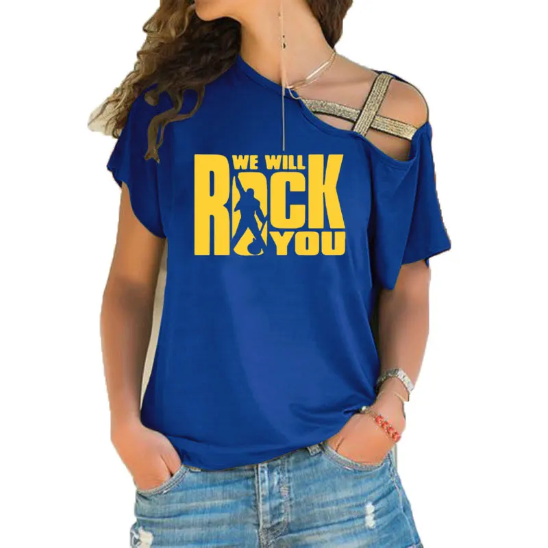 We Will Rock You, женская футболка, летняя, queen, рок-группа, футболка, короткий рукав, хлопок, рок-ролл, для женщин, с неровным перекосом, крест, топы - Цвет: 10