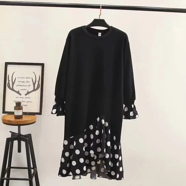 

Plus size dresses for women fashion & Casual autumn Loose Splice dot one-piece hoody dress lady L3-8125