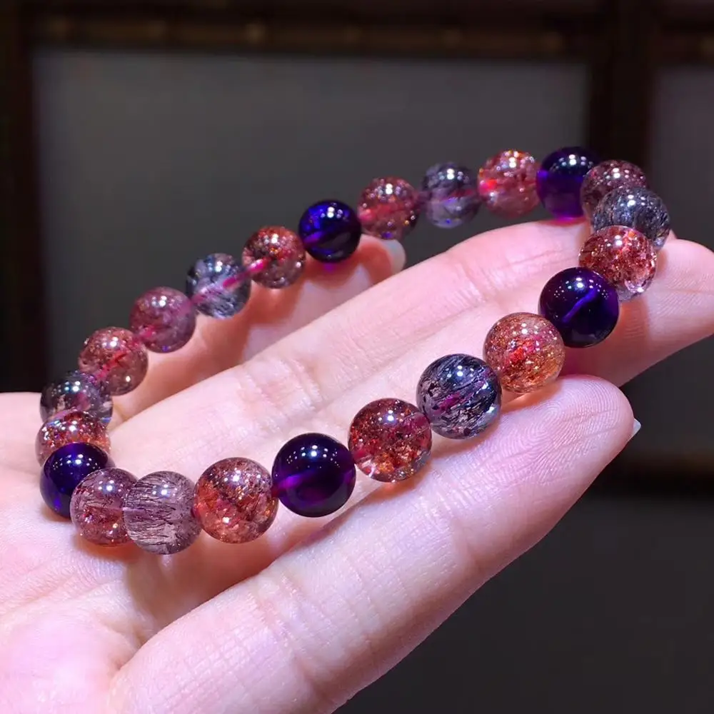 

8mm Natural Lepidocrocite Quartz Super Seven 7 Colorful Rutilated Crystal Clear Round Beads Bracelet Women AAAAAA Certificate