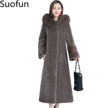 

Suofun Long Large Size Thin Fox Fur Hair One Sheep Shearing Warm Coat Female 2021 New Elegant Women Winter Korean Mink Fur Coats