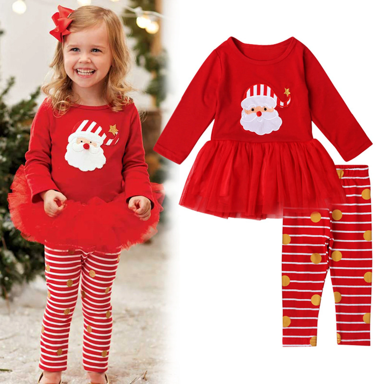 Conjunto de ropa de Navidad para niña, vestido de Santa de manga larga + Pantalones, trajes de dos piezas, de ropa| - AliExpress
