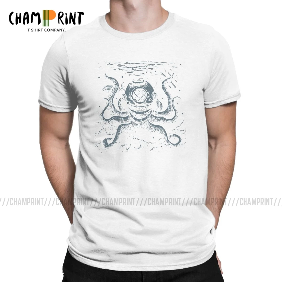 Vintage Octopus Diver Tshirt For Men O Neck Cotton T Shirts Scuba