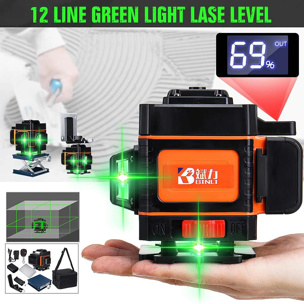  ZEAST Laser Level 3D 12 Line 360° Self-Leveling Horizontal & Vertical Cross LED Display Green Light - 4000115681914