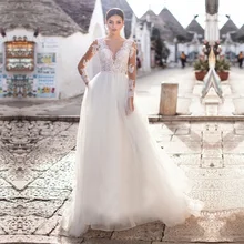 Иллюзия Тюлевое глубокое декольте Свадебные платья с длинными рукавами кружева аппликации с поясом свадебное платье сзади Кнопка Vestido de Noiva