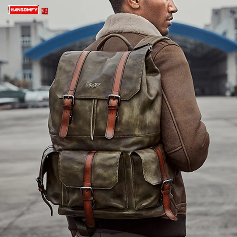 Best Price Large-capacity first layer cowhide men's backpack retro full leather backpack men laptop bag school bag men's travel backpacks