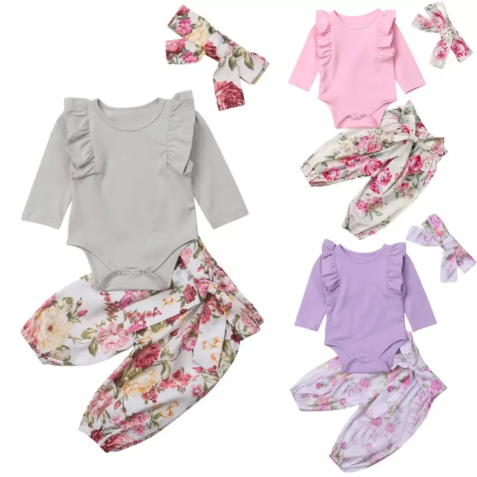 

0-24M Quality fashion Long sleeve trouser suit Spring Fall Toddler Baby Girls Floral 3pcs Clothes Jumpsuit Romper Pants Outfit