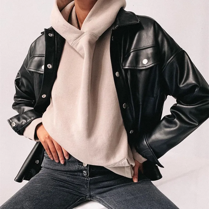 JIEZuoFang  Punk Style Women Autumn Leather Jacket Turn-down Collar Streetwear Cool Jackets Ladies Pocket Oversized Pop Jackets