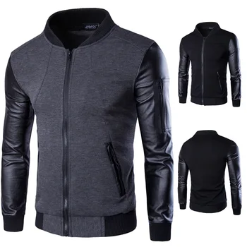 

Men's Littleneck Jacket with Pu Leather Long Sleeve Stitching Short Men's Outwear Chaqueta Hombre Black Grey Colors Men Jackets
