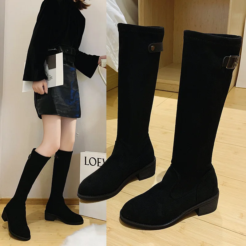 

Boots New Style 2019 Suede Children Chunky-Heel Semi-high Heeled Autumn And Winter Boots Women's Fashion Korean-style over-the-K
