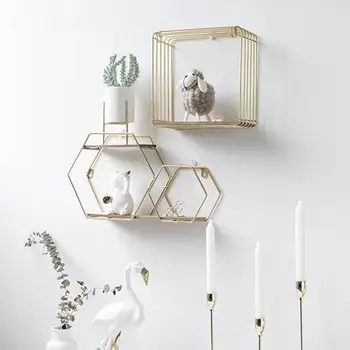

Nordic Style Wooden Iron Hexagonal Grid Wall Shelf Combination Hanging Geometric Figure for Wall Decoration Living Room Bedroom