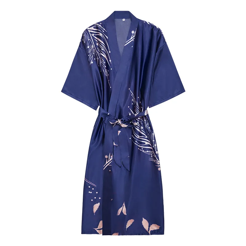 Navy-Blue-Rayon-Women-Robe-Kimono-Gown-Sexy-Intimate-Lingerie-Sleepwear-Night-Dress-Print-Flower-Satin