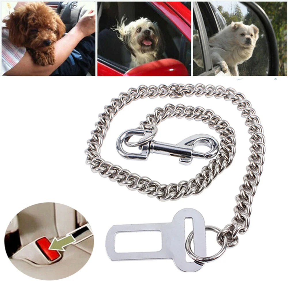 Metal Chain Dog Seat Belt Lead for Car Chew Proof Strong Travel Safety
