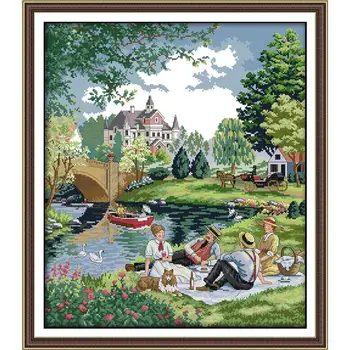 

Picnic picnic landscape painting cross stitch kit 14ct 11ct count printed canvas stitching embroidery DIY handmade needlework