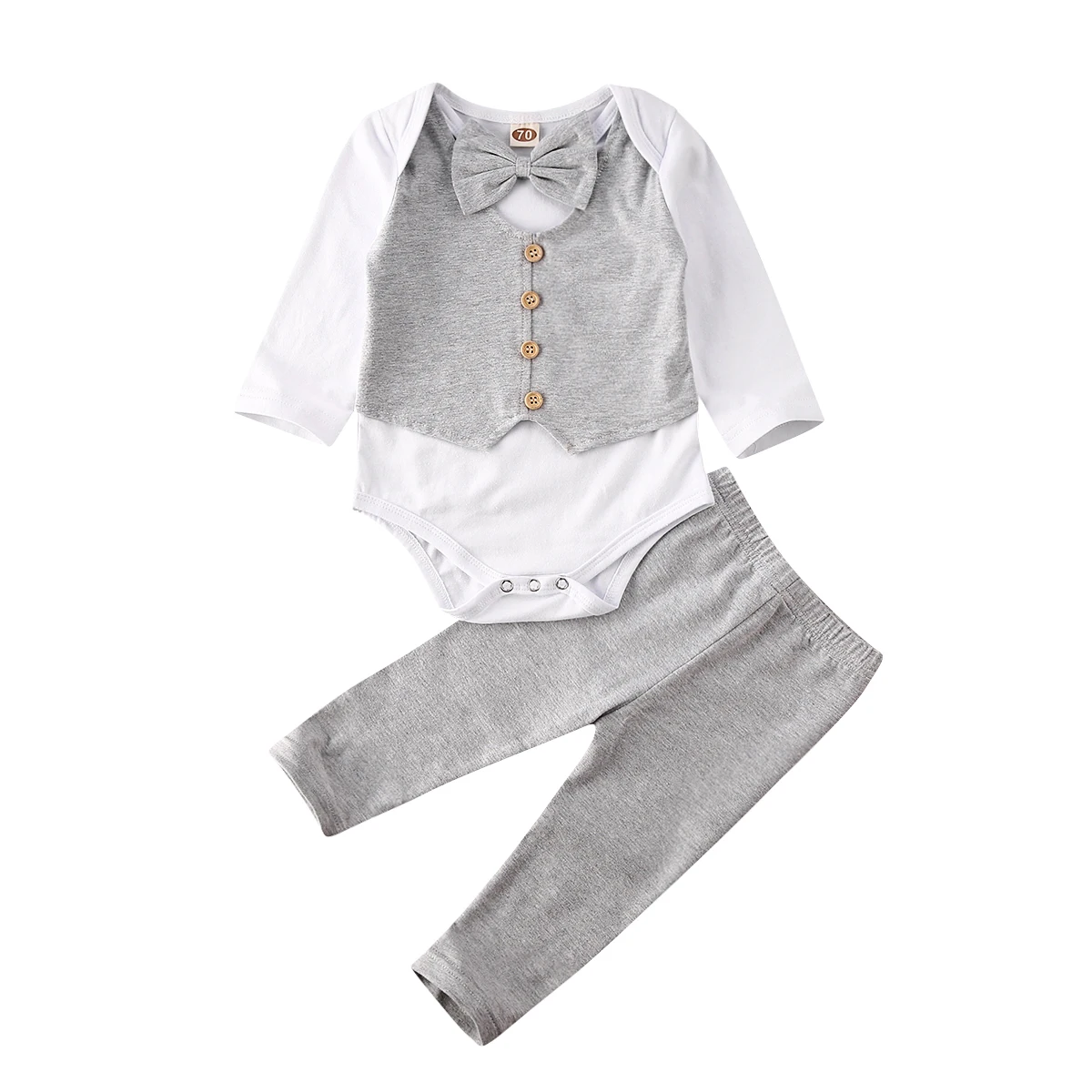 Г. Весенне-осенняя одежда для малышей Одежда для маленьких джентльменов для новорожденных мальчиков комбинезон с длинными рукавами и галстуком-бабочкой+ леггинсы комплект из 2 предметов - Цвет: Серый