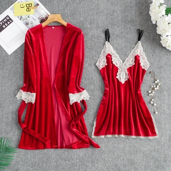 

Gold velvet Nightwear women autumn winter sexy lace lace sling long-sleeved Sleepwear suit loose home service robe feminino