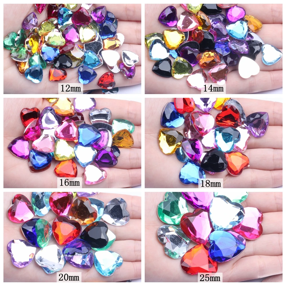 Heart Shape Acrylic Rhinestones Flat Back Flat Facets Many Sizes Many Colors For Nails Art Glue On Beads DIY Jewelry Making