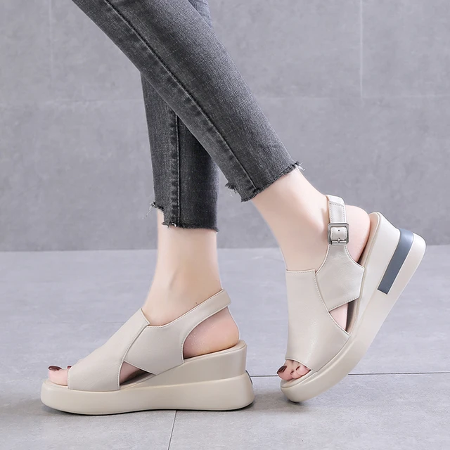 2022 Summer Women Wedge Heeled Pu Leather Sandals Cross Strap Korean Style Casual Shoes Ladies Open Toe Solid Buckle Sandalias 3