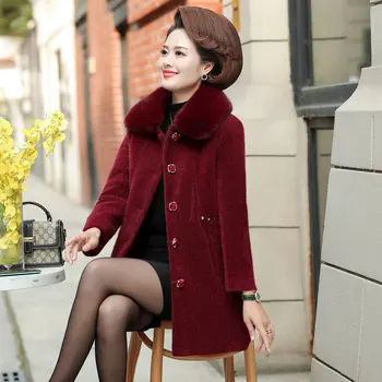 

Mature Women Fur Collar Tweed Coat Winter Red Purple Brown Thicken Quilted Woolen Blend Overcoat Female Single-Breasted Jackets