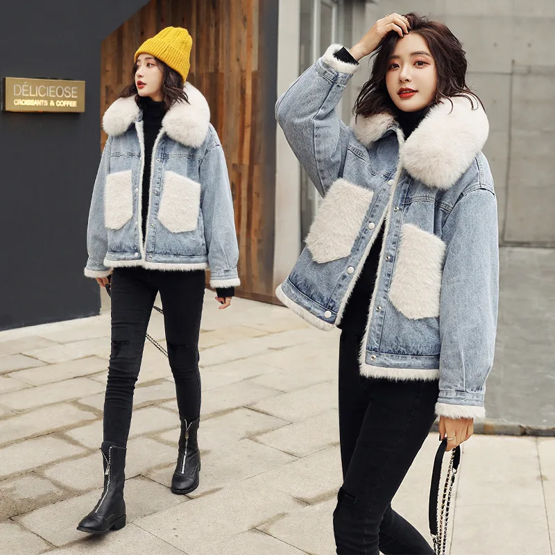 

2019 Winter Trend Versitile Fashion Jeans Coat Joint plus Velvet Korean-style WOMEN'S Cotton-padded Clothes Cotton Coat Women's