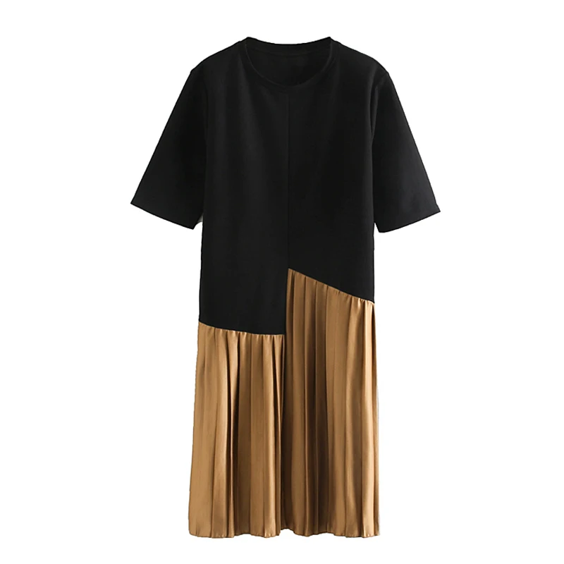 ZOEPO, тонкие платья в стиле пэчворк, женская мода, плиссированное платье с круглым вырезом, женское элегантное платье с коротким рукавом, платья до середины икры для женщин - Цвет: LTDR2927