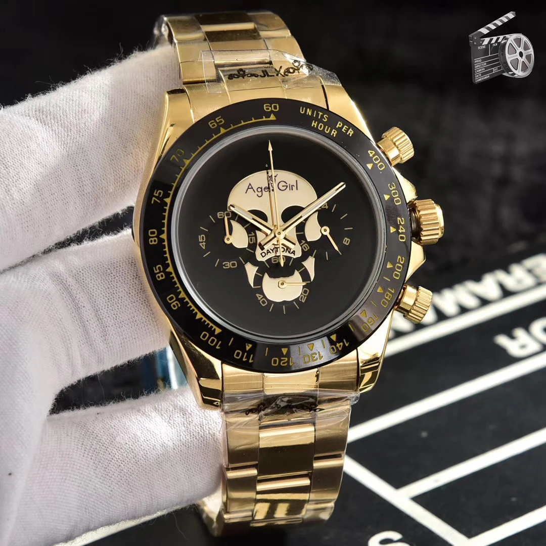 Gold Black Bezel Роскошные брендовые новые мужские японские кварцевые часы с черным резиновым браслетом из розового золота, часы из нержавеющей стали с хронографом, Сапфировая керамическая кружка в форме черепа - Цвет: Gold Black Bezel