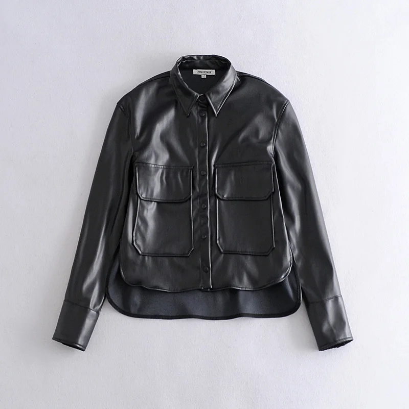 

Брендовая куртка, облегающие пальто из искусственной кожи, Женские Модные Куртки из искусственной кожи, женские элегантные пальто на пуговицах с карманами, женская черная кожаная куртка