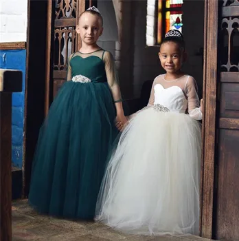 

New Flower Girl Dress for Wedding party Long Sleeves Puffy Tulle Girls Communion Dress Pageant Birthday Gown