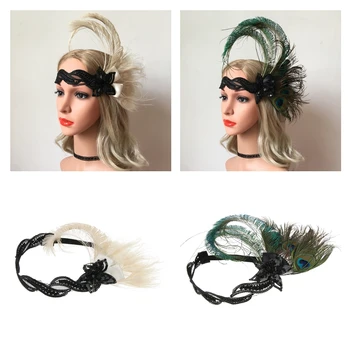 

Vintage 1920s Feather Headbands Fascinator Cocktail Bridal Cotton Hairband Spiral Double Girls Women