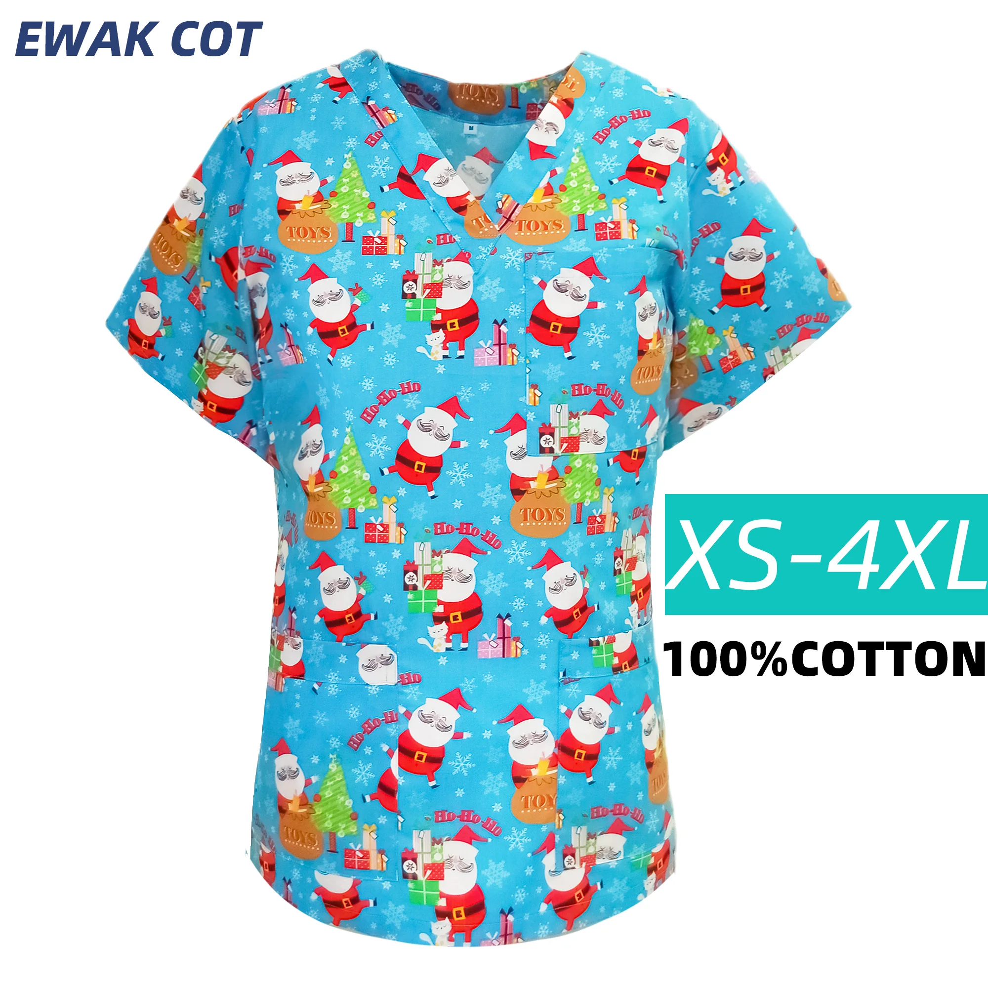 Fashion Christmas Scrubs Tops Clinical Uniforms 3 Pocket Short Sleeve V-neck Tops Nurse Uniform T-shirts Medical Scrubs Blouse
