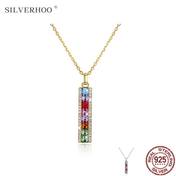 

SILVERHOO Fashion Retangle Silver Necklace 925 Muticolor Austria Crystal Pendant Chain For Women Dancing Party Lovely Necklace