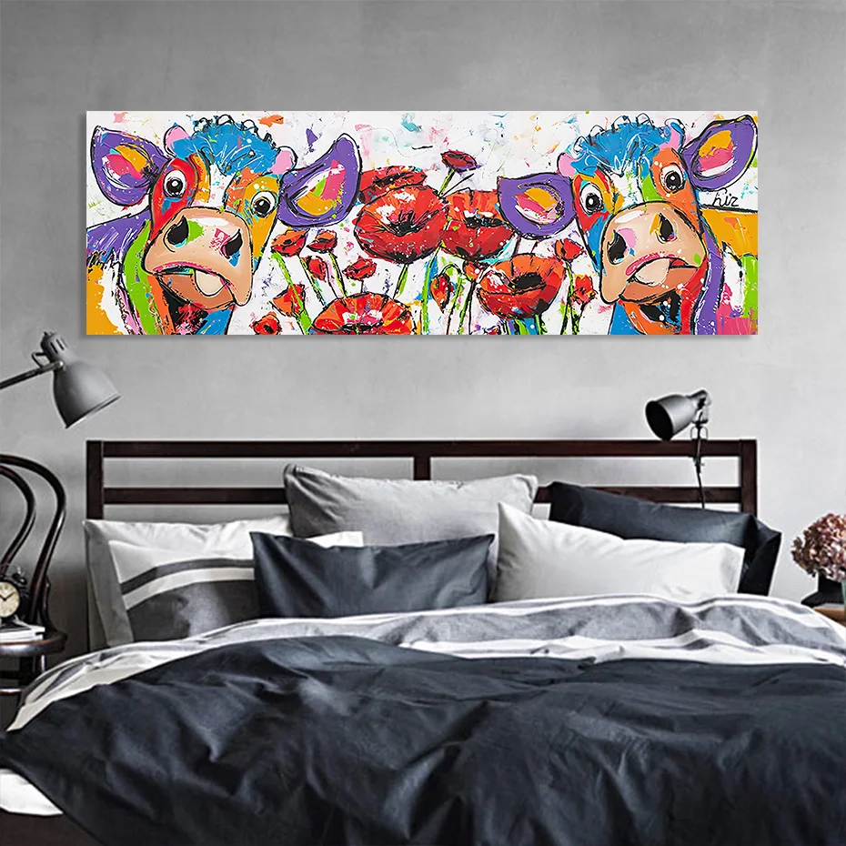 Cute Colorful Abstract Cow Floral Canvas Paintings Poster and Print for Kids Room Decorative Wall Art Pictures Home Decor