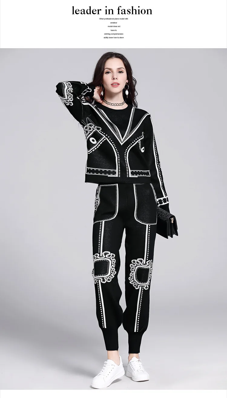 Комплект из двух предметов для женщин Круглый вырез вышивка геометрический свитер с длинными рукавами+ шаровары трикотажные костюмы Женский Повседневный костюм DS8021