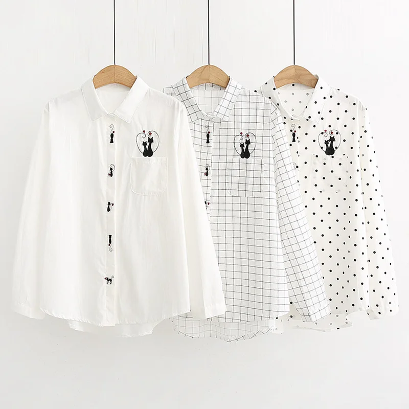 

Spring Autumn Art Style 100% Cotton Blouse Shirts Women All Match Cat Embroidery Long Sleeve Loose Shirt Female Chic Quality Top