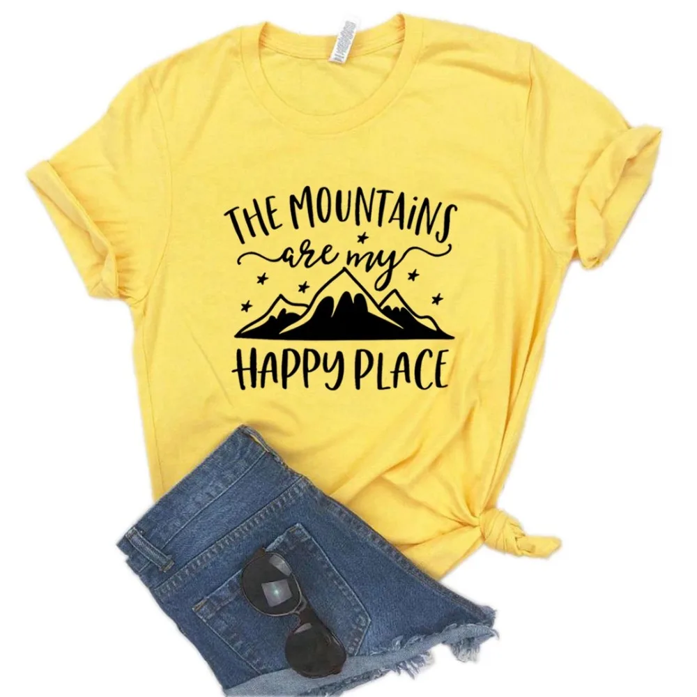 Женские футболки с принтом "Горы мои счастливые места", хлопковая Повседневная забавная Футболка для леди Йонг, топ, хипстер, 6 цветов, NA-843