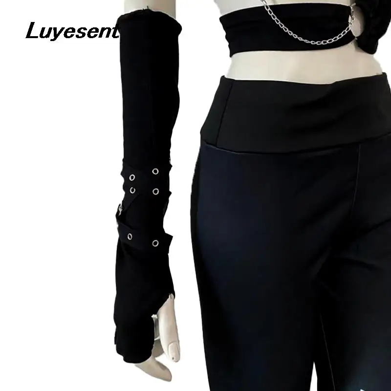 

Черные Готические перчатки унисекс без пальцев в стиле панк крутые перчатки с лентой с ушками длиной до локтя для девушек и мужчин темные Готические перчатки с рукавом до локтя варежки в стиле Харадзюку