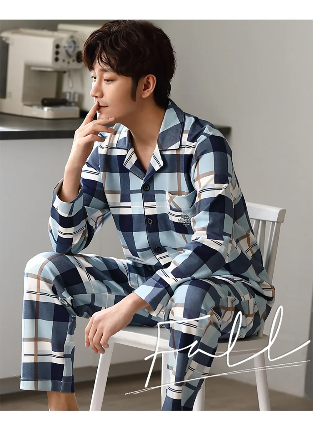 Spring Autumn Pajama Sets Suit Knitted Cotton Casual Long Sleeve Sleepwear Plaid Home Wear Plus Size Comfortable Pajamas For Men organic pyjamas