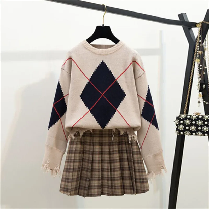 Women Long Sleeves Loose Tassel Knitted Pullovers + Plaid Pleated Fold Mini Skirt Suit Runway Female Fashion Sweet 2 Piece Set |