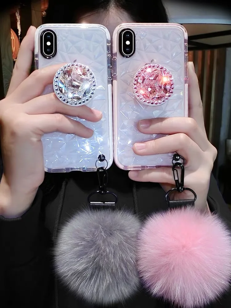 

case for iPhone 11 XR 7 8 11 Pro Max X XS Max Plus 6 6s cover Diamond Pattern with hair Ball belt Rhinestone kickstand