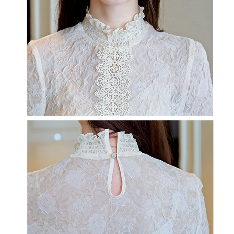 Осень 2019 Новая женская рубашка трехмерные цветочные шифоновые блузки с кружевом и рюшами Женские топы с воротником-стойкой 805J7