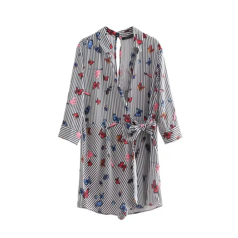 

2018 Western Style Spring And Summer WOMEN'S Dress New Style Butterfly Printed Stripes Romper Dress