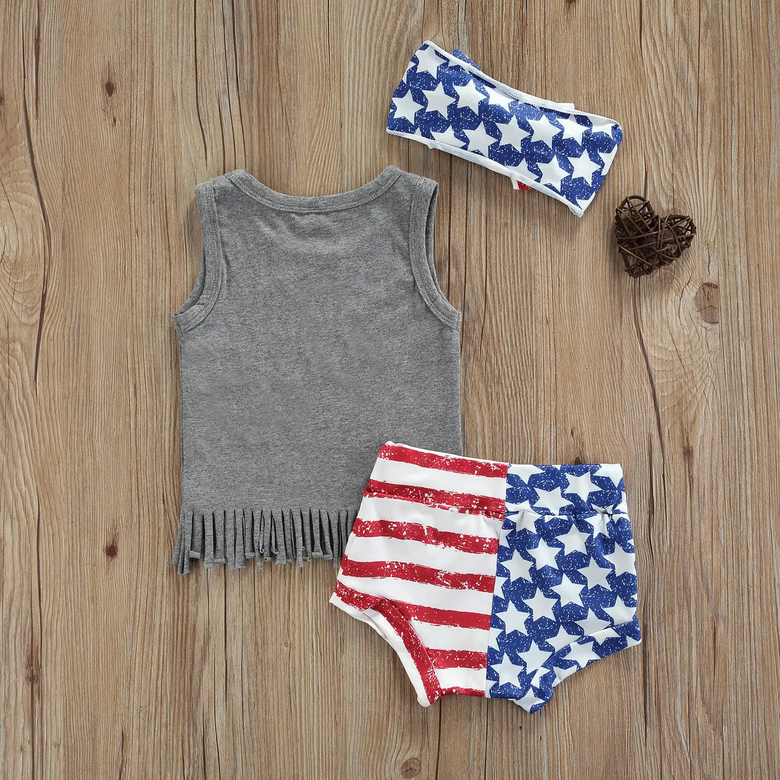 Citgeett Summer Independence Day Kids Baby Girls 3pcs Clothes Sets Letter Star Printed Sleeveless Tassel Tops Flare Pants/Shorts