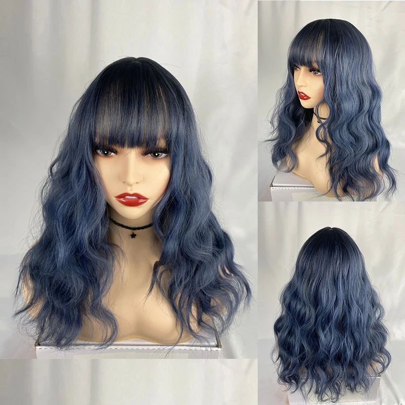 Ombre Natural Blue Synthetic Wig With Bangs Cosplay Party Curly Wigs for Black/White Women Heat Resistant Daily Wavy Hair |