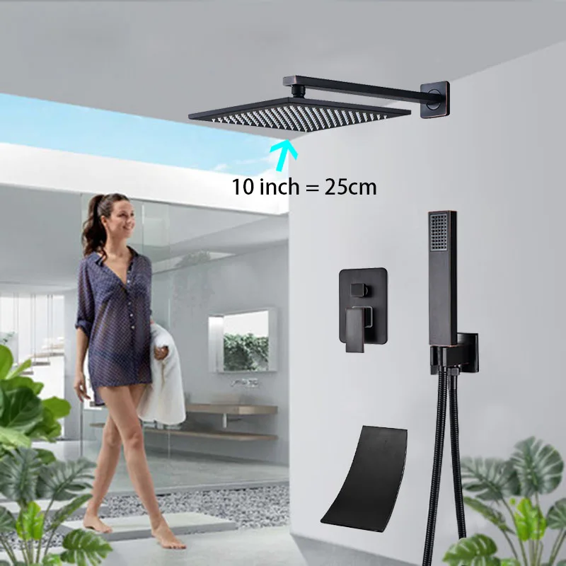 10 inch Faucet Onyzpily черный смеситель для душа набор 1" дождевая насадка для душа водопад Носик скрытый латунный Смеситель для ванной комнаты Душ Ru warehous - Цвет: 10 inch Faucet