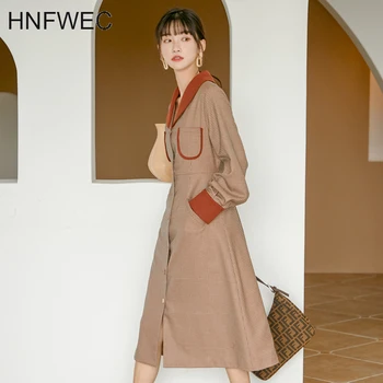 

2020 New Spring Lapel Lattice Mid-length Shirt Dress Women Vintage Loose Single Breasted Temperament Student Dress V106