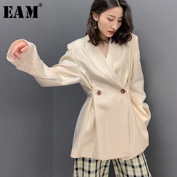 

[EAM] Women Beige Pleated Split Linen Thin Blazer New Lapel Long Sleeve Loose Fit Jacket Fashion Spring Autumn 2020 1W514