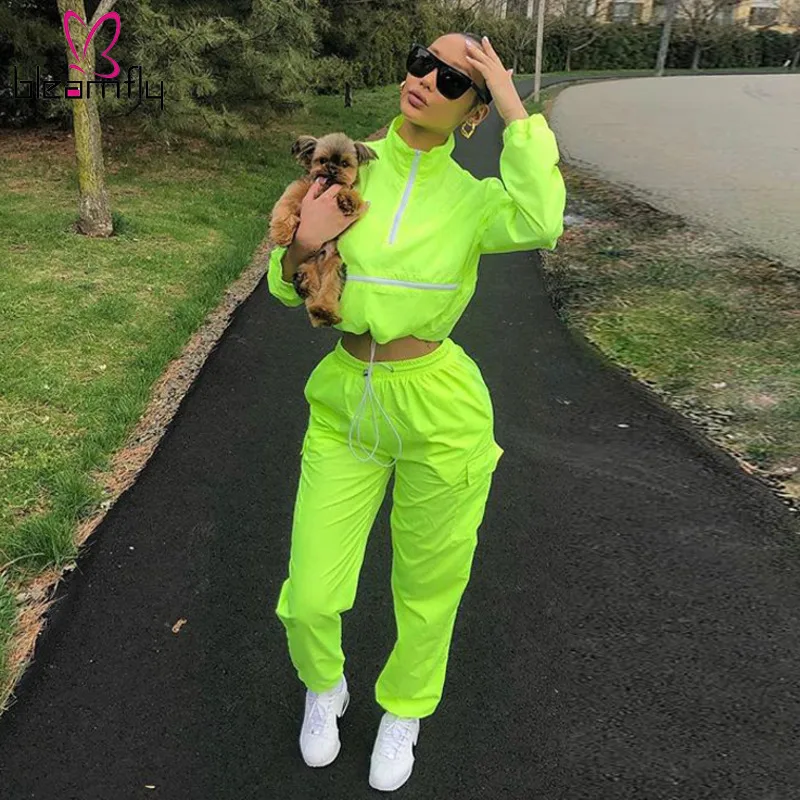 

Neon Green Women Outfits Two Piece Set Tracksuit Fall 2019 Long Sleeve Zip Up Crop Top And Sweatpants Joggers Suit Sets