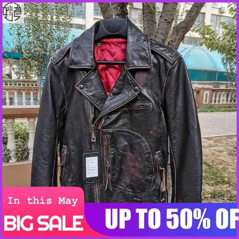 

2020 Vintage Brown Men American Style Motorcycle Leather Jacket Plus Size 6XL Genuine Thick Cowhide Winter Biker's Leather Coat